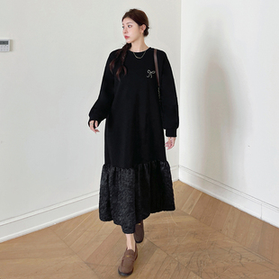 秋冬内搭外穿长款大码烫钻卫衣裙拼接压皱暗纹鱼尾裙摆长袖