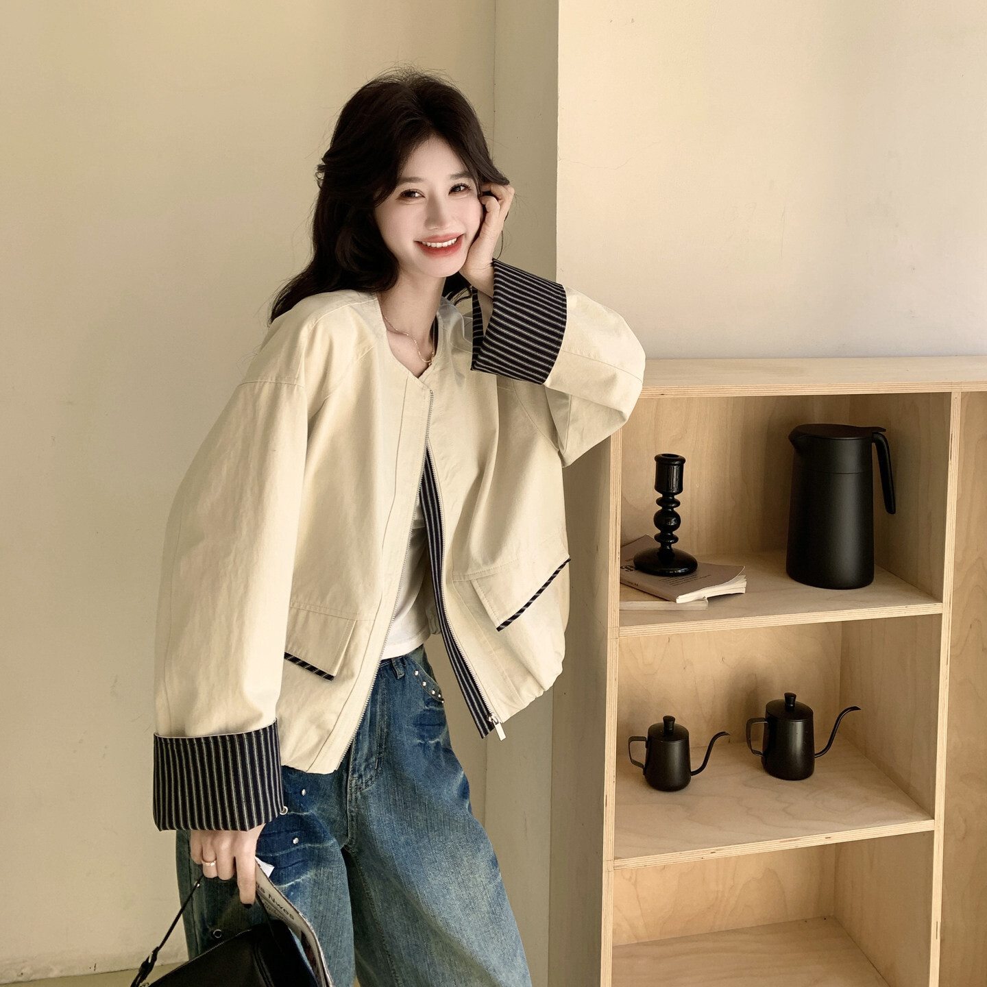 韩系复古优质风撞色条纹拼接短外套女春新款休闲圆领时尚长袖上衣