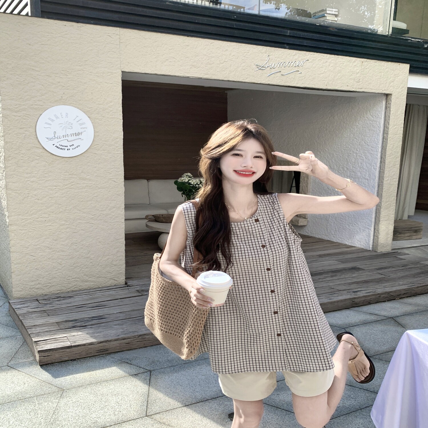 格纹新款上市春季优质套装女韩系复古慵懒百搭显瘦高腰短裤两件套