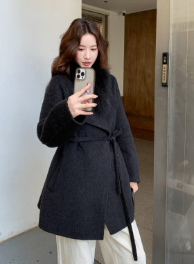 狐狸新款毛领双面羊绒大衣女秋冬系带收腰黑色小个子气质羊毛呢