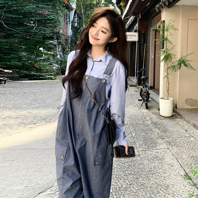 长裤美洋新款上市韩式裤子优质女士百搭精品宽松喇叭裤麻感背带裤