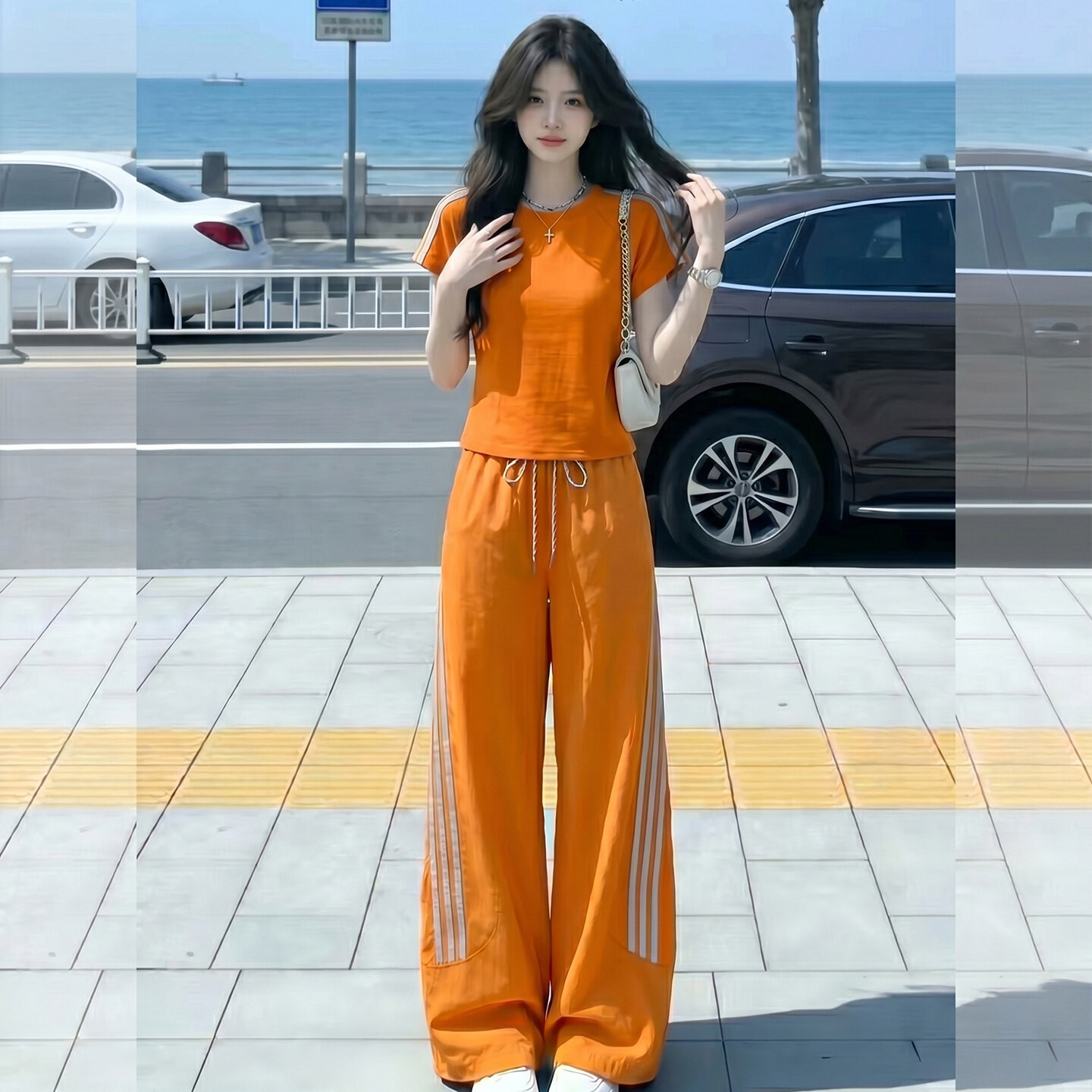 网红休闲运动套装女夏季新款修身显瘦圆领短袖上衣束脚长裤两件套