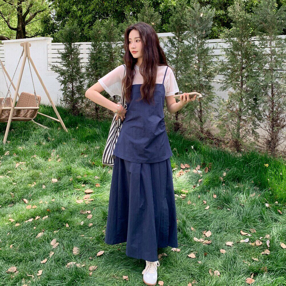 长裙两件套网纱短袖吊带衫半身裙三件套休闲2026年夏季女装圆领