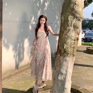 收腰印花惊艳网纱长裙 新款 2026仙女裙法式 绝美抹胸连衣裙女夏季