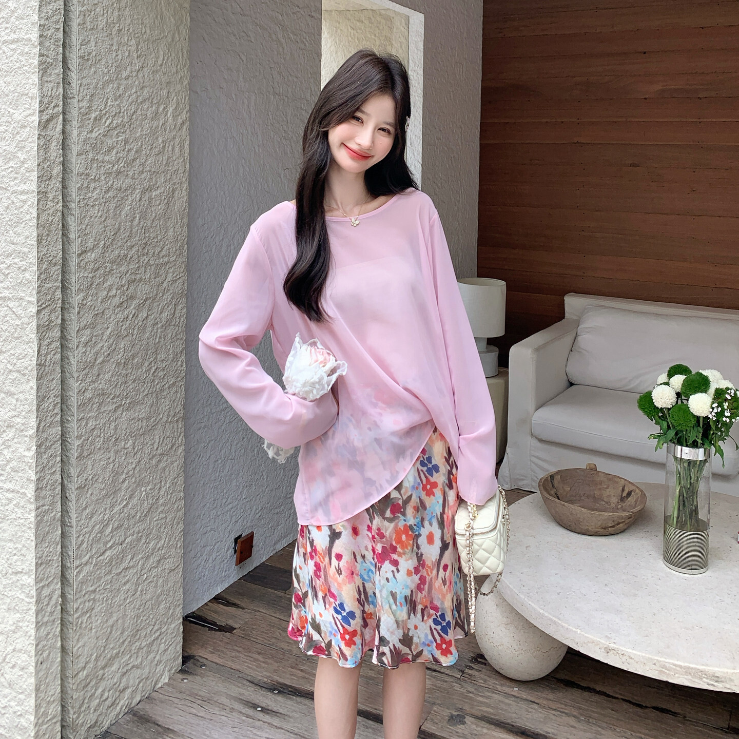 韩系温柔风轻薄透感粉色防晒衫女水彩印花小个子碎花半身裙两件套