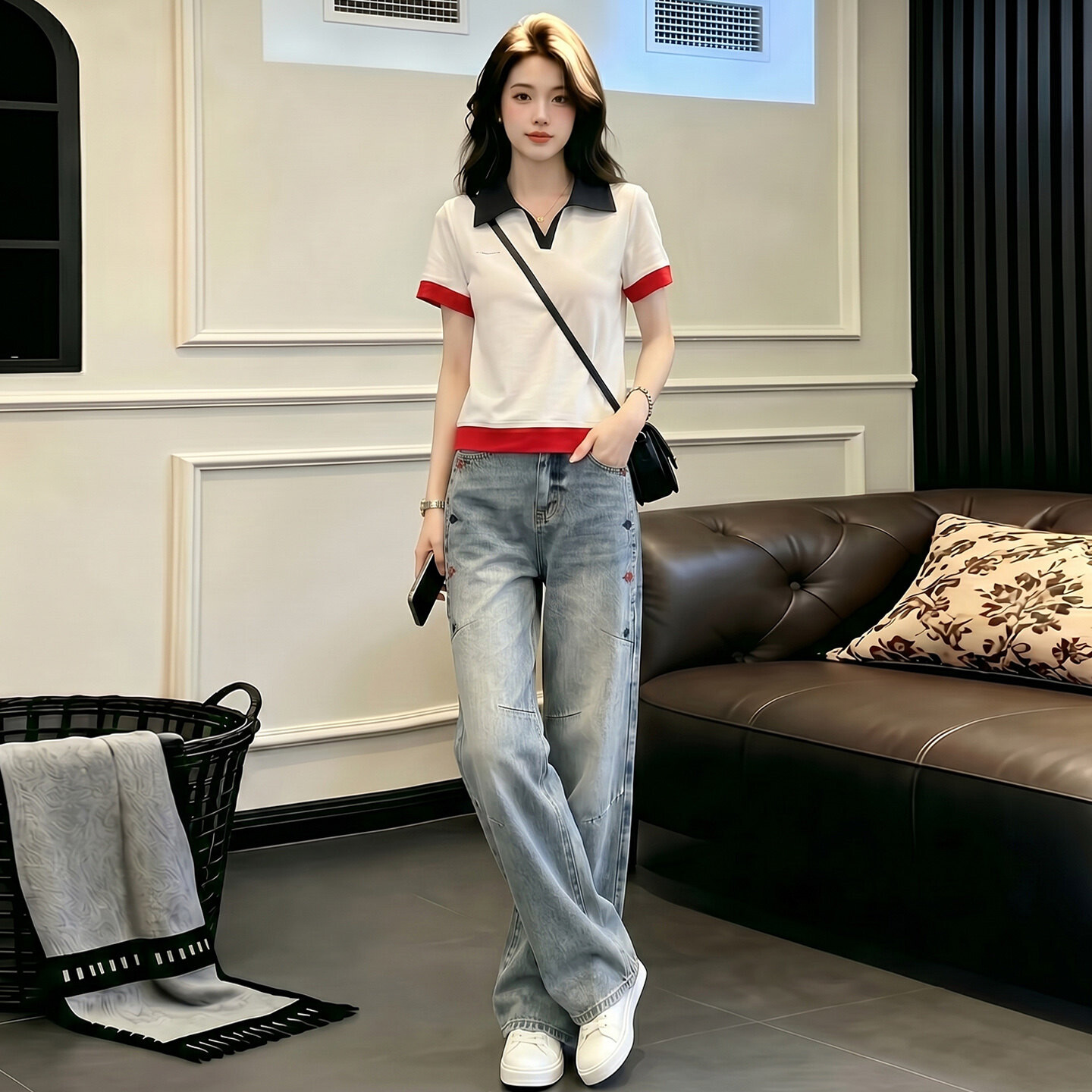 女夏季新款韩版时尚休闲套装翻领撞色拼接上衣阔腿牛仔长裤两件套