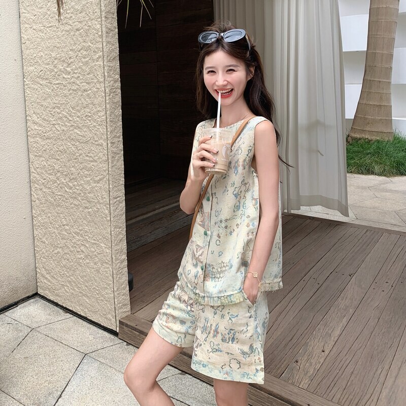 新新款中式国风印花流苏马甲套装女夏季复古小个子阔腿短裤两件套