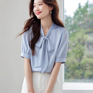 设计感小众港风通勤职业上衣百搭系带 夏季 白色缎面飘带衬衫 女短袖