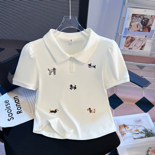 翻领短袖 2026小清新自留款 泡泡袖 polo衫 T恤女 小狗刺绣短款