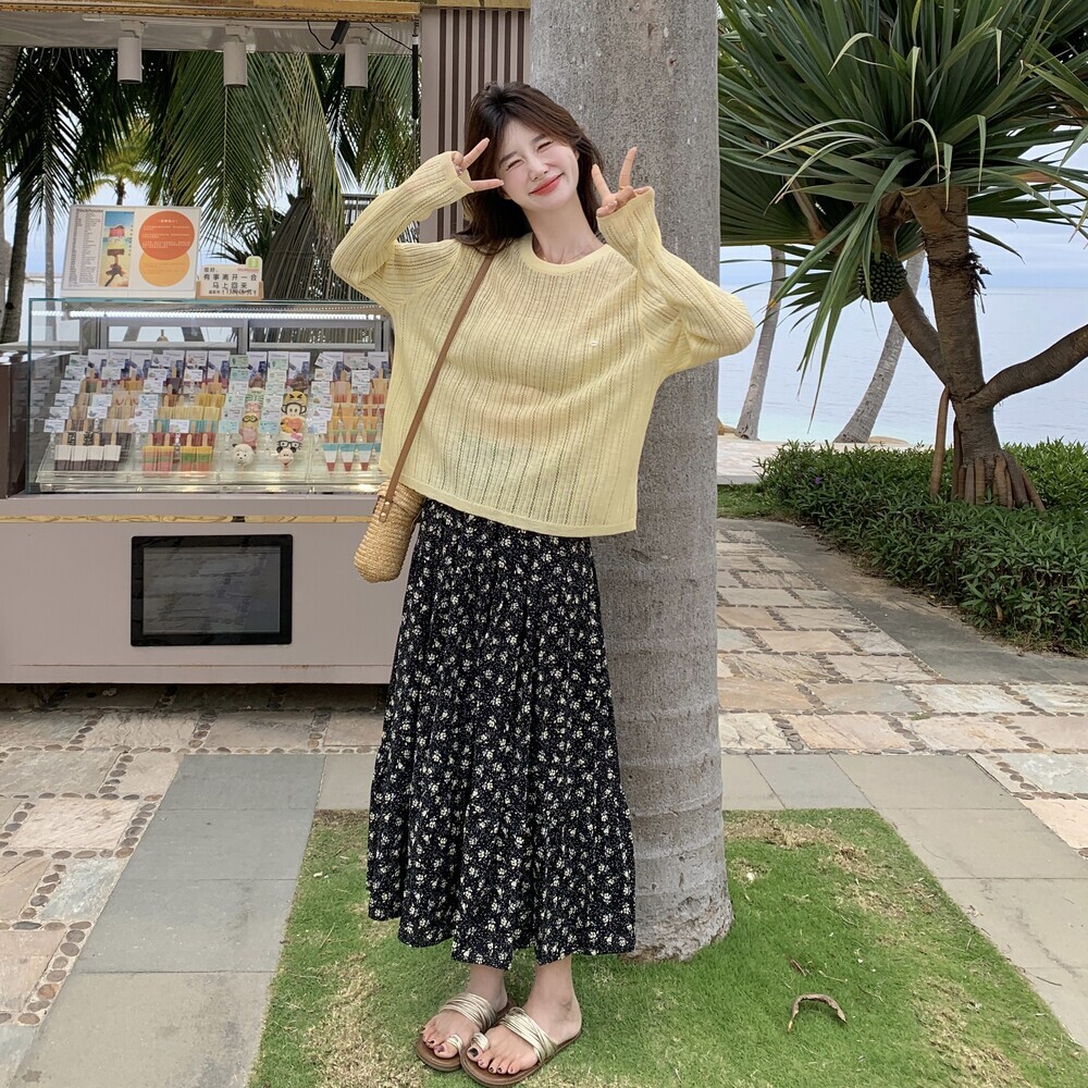 韩系新款上市慵懒风减龄针织衫套装裙女法式复古碎花半身裙两件套