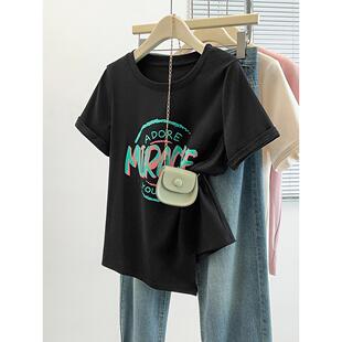 女休闲百搭不规则印花字母短袖 胖mm大码 T恤 新款 2026夏装