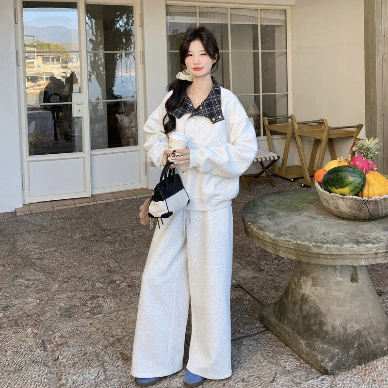 立领宽松新款春款洋气减龄拼色领半开襟按扣卫衣直筒裤显瘦套装