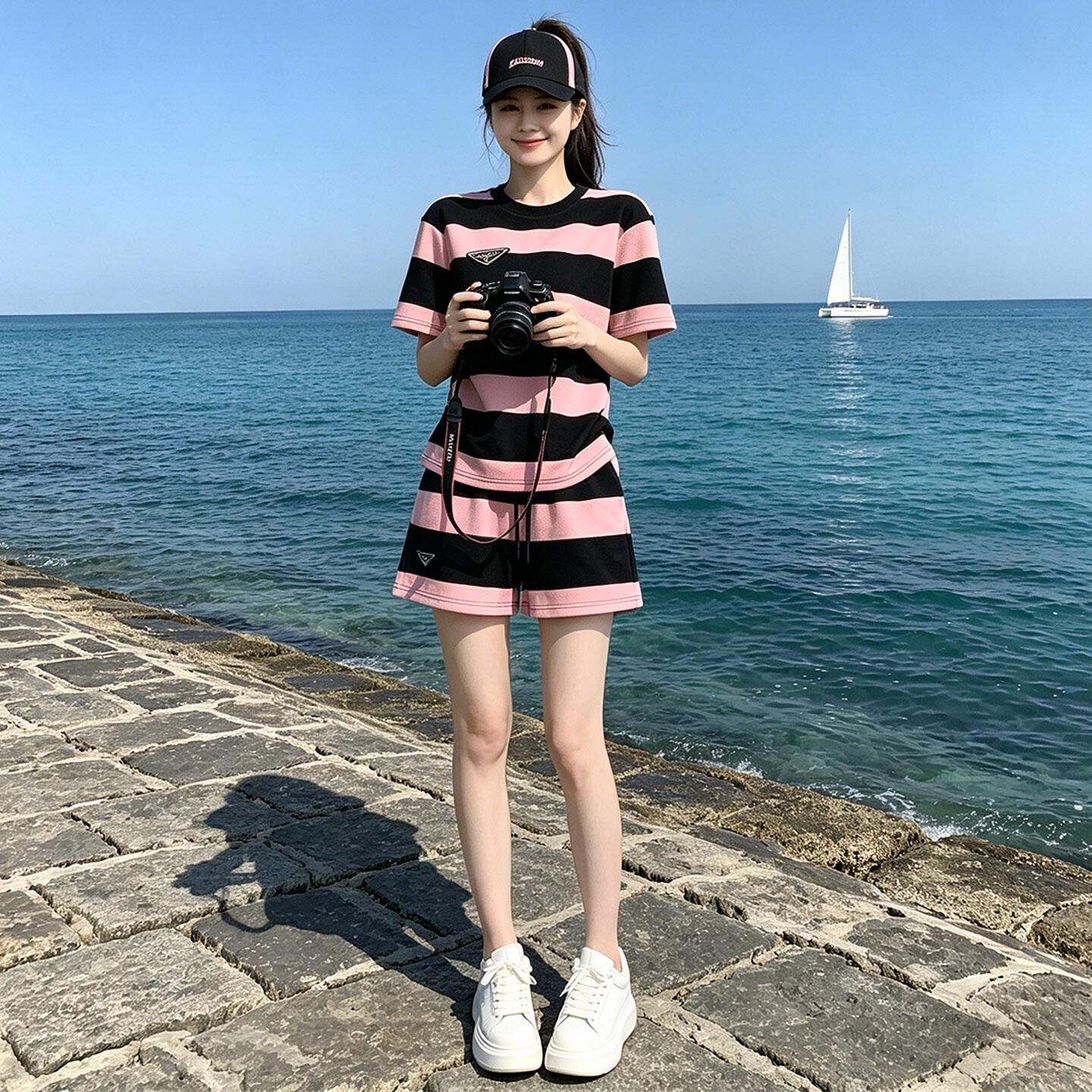 女夏季新款韩版运动休闲套装圆领条纹短袖上衣阔腿休闲短裤两件套