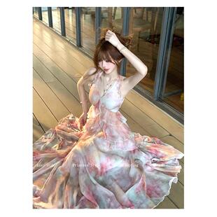 LazyDidi爱神信筏浪漫度假收腰连衣裙法式 不规则收腰碎花吊带裙