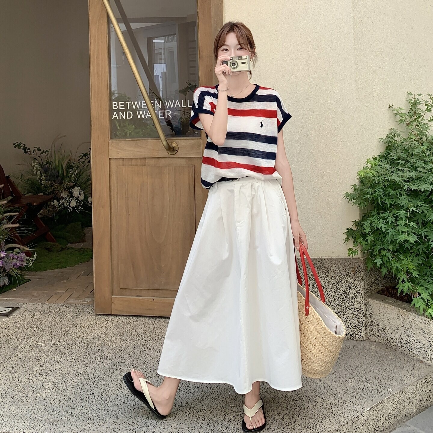 夏季新款韩版时尚气质百搭显瘦条纹短袖T恤 半身裙两件套女