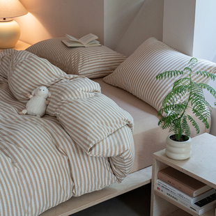 无印风A类柔软彩棉床品被套床单双人1.8床笠针织棉裸睡条纹四件套