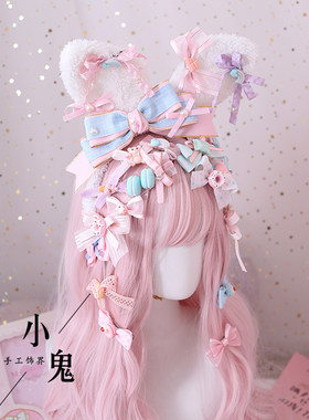 原创手作lo娘粉蓝发夹格子蝴蝶结
