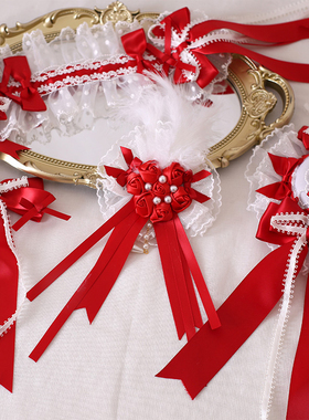 原创红色丝缎芭蕾风lolita发带边夹顶夹小礼帽发箍kc软妹甜美小物