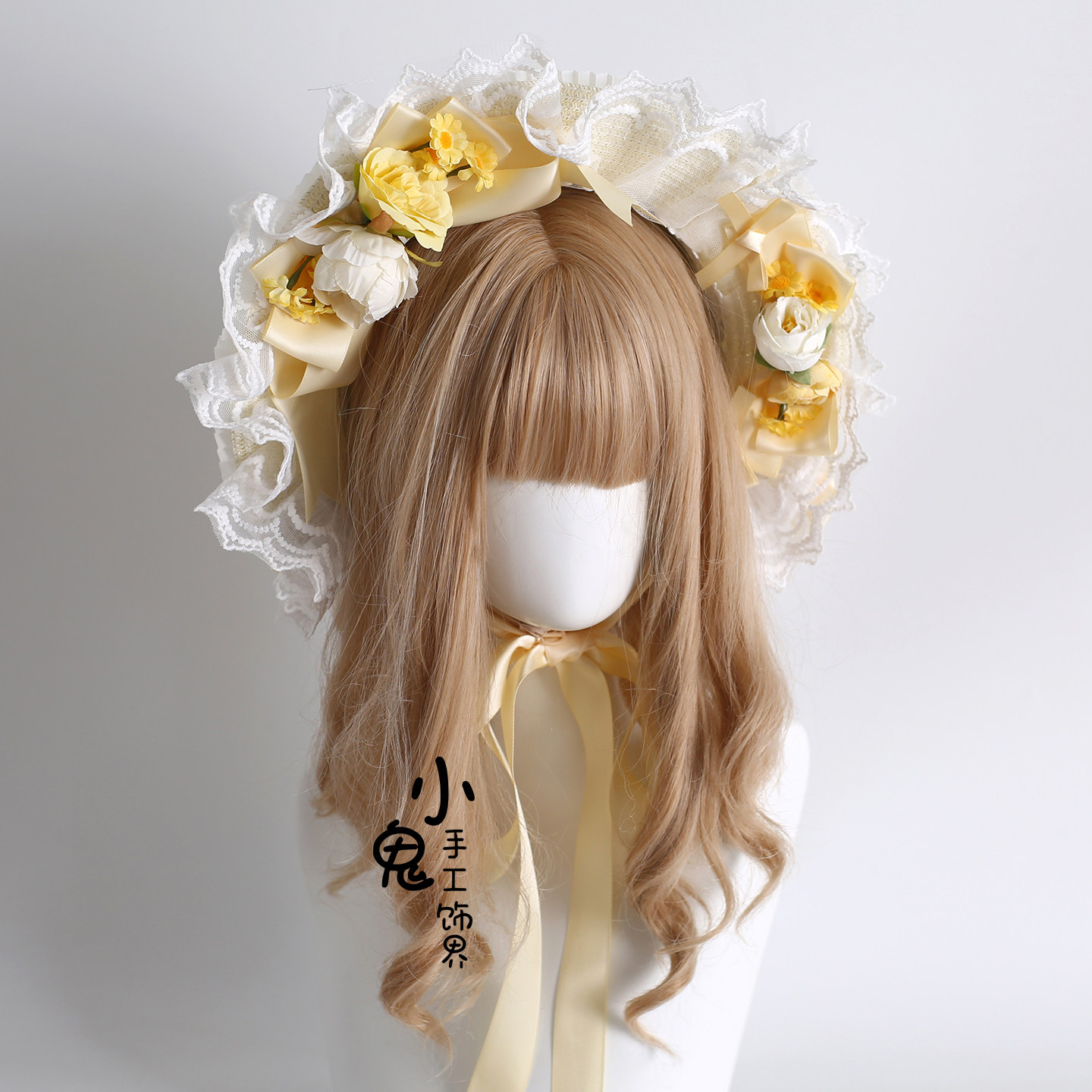 原创黄色汉洋折衷草帽bnt蕾丝cla系花朵蝴蝶结扁帽Lolita波奈特帽