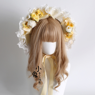 原创黄色汉洋折衷草帽bnt蕾丝cla系花朵蝴蝶结扁帽Lolita波奈特帽