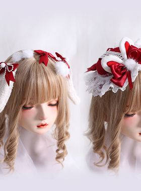 新年原创毛球暗红色发饰中国风蝴蝶结兔耳发箍双马尾发夹KC小礼帽