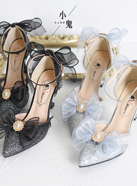 原创灰色优雅洛丽塔蕾丝高跟鞋lo娘汉服仙女鞋黑色蝴蝶结lolita鞋