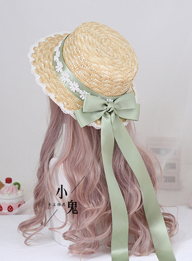 多色森系大蝴蝶结草帽 LO娘田园风洛丽塔手工蝴蝶结蕾丝飘带帽子