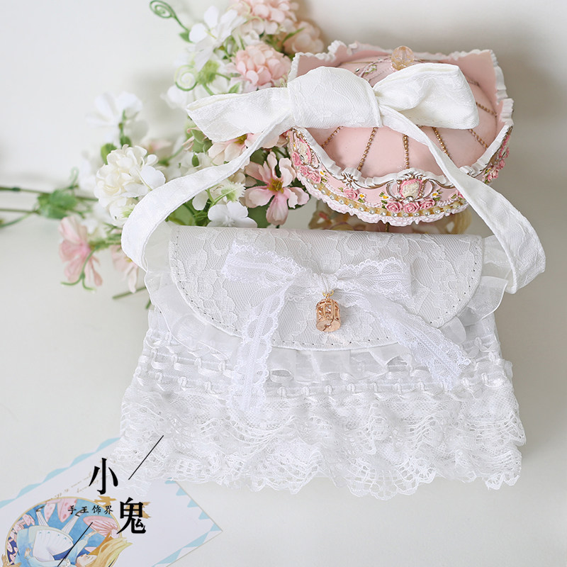 lolita日系蕾丝珍珠链条白色女包图片