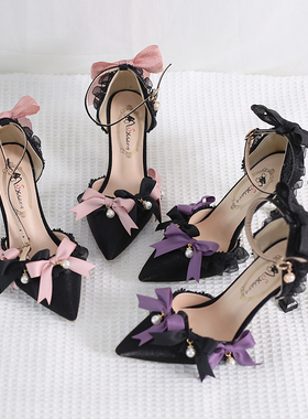 黑紫色Lolita手作成人礼黑色高跟鞋尖头原创洛丽塔凉鞋黑粉cla系