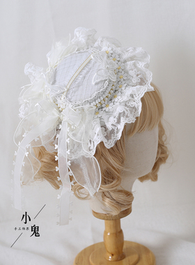 原创设计vintage古董帽写真白色茶会礼帽发饰蕾丝芙拉洛丽塔头饰