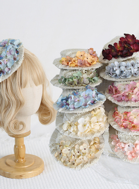 原创焦花夏日花墙生成色Lolita头饰法式cla系小礼帽扁帽蕾丝优雅