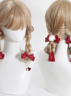 2022年新年原创毛球暗红色发饰中国风蝴蝶结流苏发箍双马尾发夹KC
