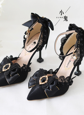 优雅Lolita手作暗黑色蝴蝶蕾丝高跟鞋尖头成人礼花嫁lo鞋细跟单鞋