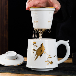 景德镇手工描金茶杯陶瓷过滤带盖茶具茶水分离办公室喝茶杯马克杯