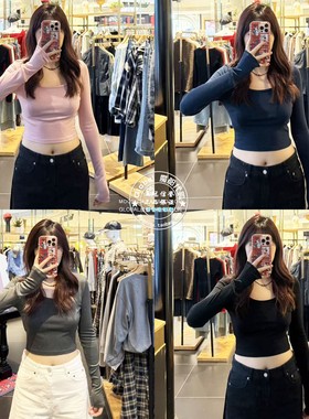 特价 MOUSSY代购 25冬 修身短款纯色打底长袖T恤衫010IA180-3751