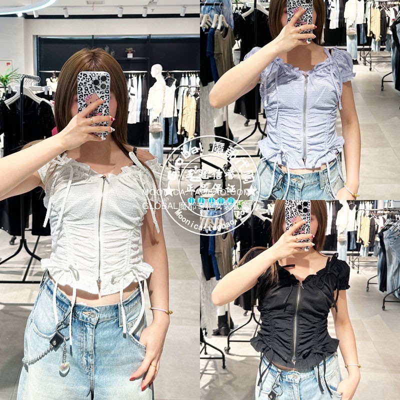 sly蝴蝶结褶皱拉链短袖衬衫女