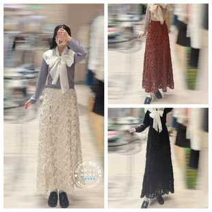 SNIDEL 国内代购 25秋冬 日系高腰蕾丝镂空散摆半身裙 SWFS255107