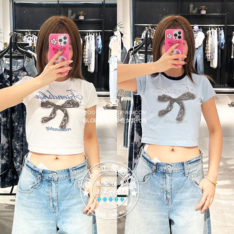 蝴蝶结印花圆领短款短袖T恤衫女