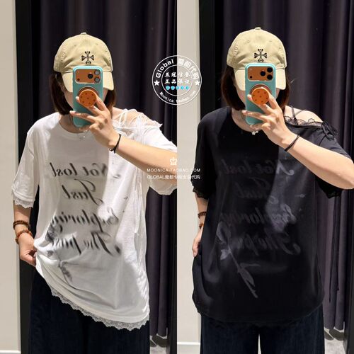 MOUSSY26夏露肩蕾丝宽松T恤衫女