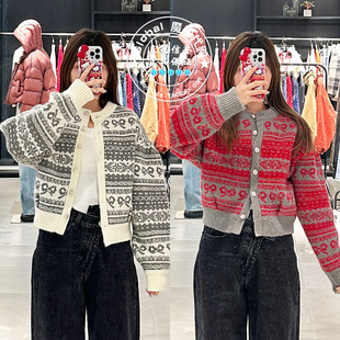 特价 MOUSSY代购 24秋冬 圆领花纹短款针织开衫毛衣010HAL70-5181