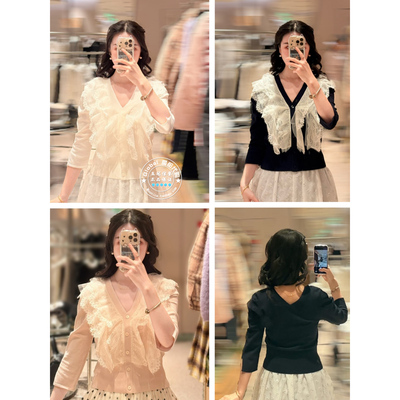 SNIDEL针织上衣V领蕾丝拼接百搭