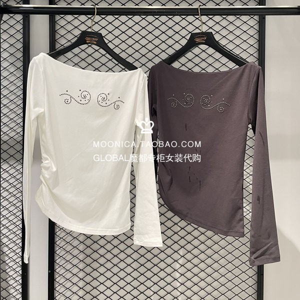 MOUSSY26秋一字肩带钻长袖T恤女
