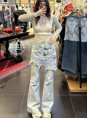 MOUSSY国内代购 25秋冬 AVIREX联名层叠牛仔裤子女 010IAF01-5671