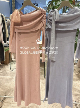 SNIDEL 国内代购 25冬 斜肩蝴蝶结肩带长袖针织连衣裙 SWNO254320