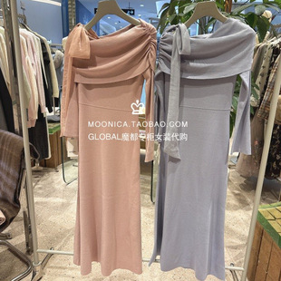 针织连衣裙 SNIDEL 斜肩蝴蝶结肩带长袖 25冬 SWNO254320 国内代购