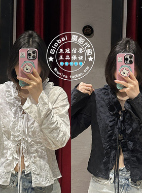 特价 MOUSSY代购 25春夏 日系V领褶边系带衬衫上衣 010ISS30-4181