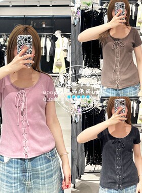 SLY国内代购 25春夏 日系修身系带大圆领短袖T恤衫 030ISR80-4551