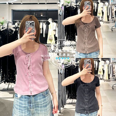 SLY修身系带大圆领短袖T恤衫女