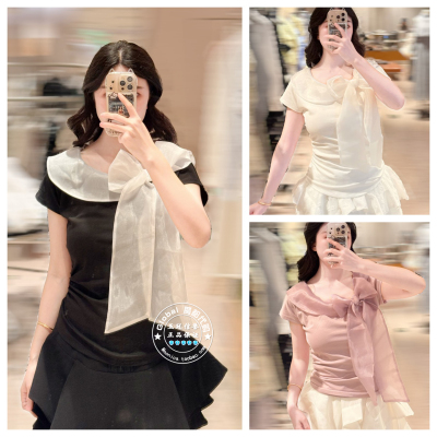 SNIDEL国内代购 26春夏 薄纱拼接蝴蝶结收腰短袖上衣 SWCT261306