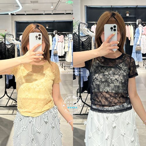 SLY圆领蕾丝刺绣透视T恤衫上衣女